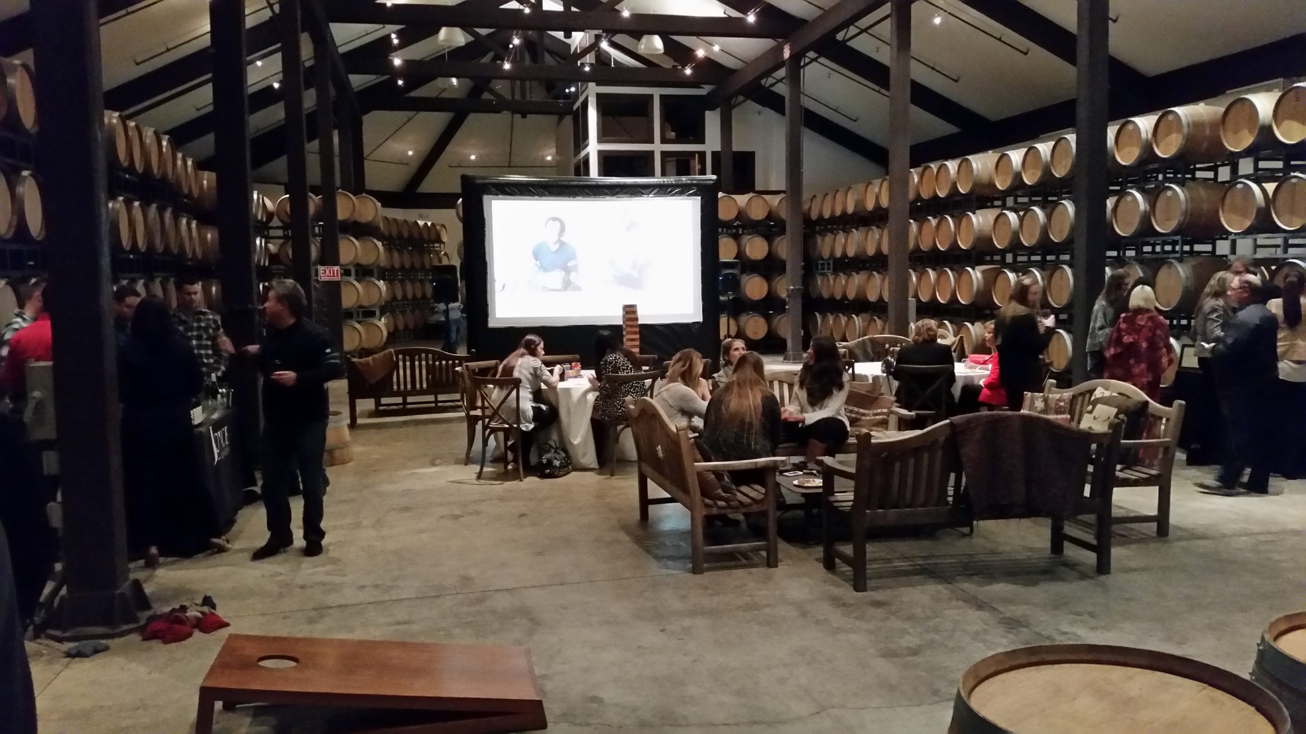 Family and friends watching a movie on a FunFlicks inflatable screen at their community winery.
