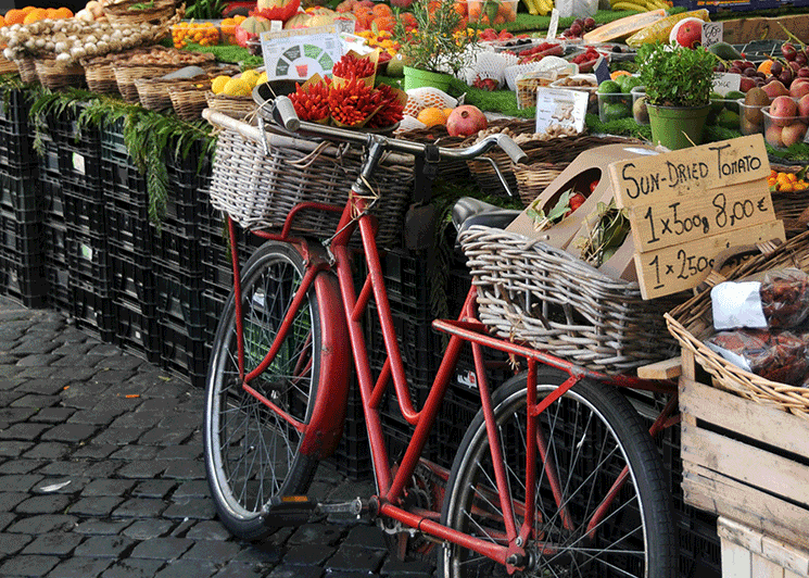 Bike parked at a farmer's market