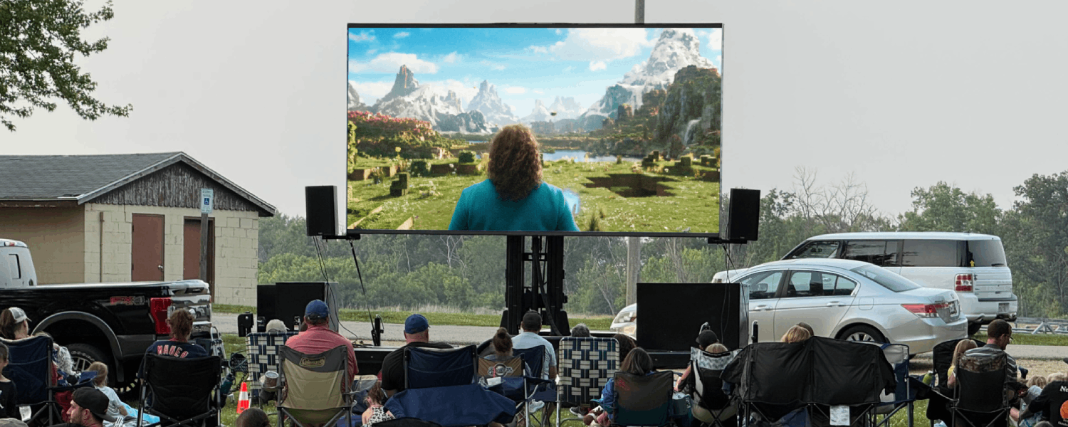 A Minecraft Movie watch party on a FunFlicks LED Trailer