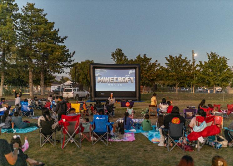 A Minecraft Movie showing on a FunFlicks inflatable movie screen